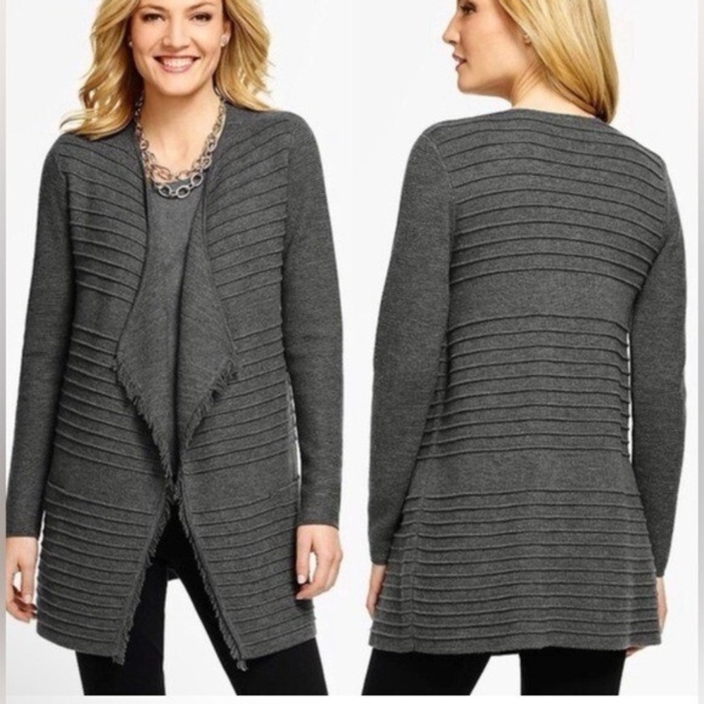 Talbots Women’s Merino Wool Cardigan Gray Long Sleeve Fringe‎ Waffle Knit Size M